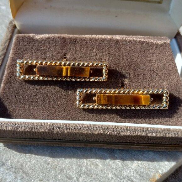 Swank Grand Prix TIGERS EYE Cufflinks Rectangular Gold Bars Original Vel… - Picture 6 of 15